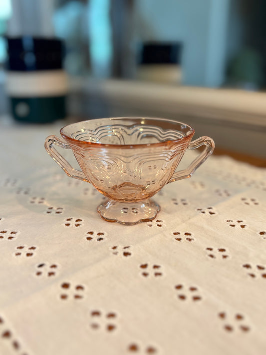 Vintage Pink Depression Glass Double-Handled Sugar Bowl – Etched Swirl Design *