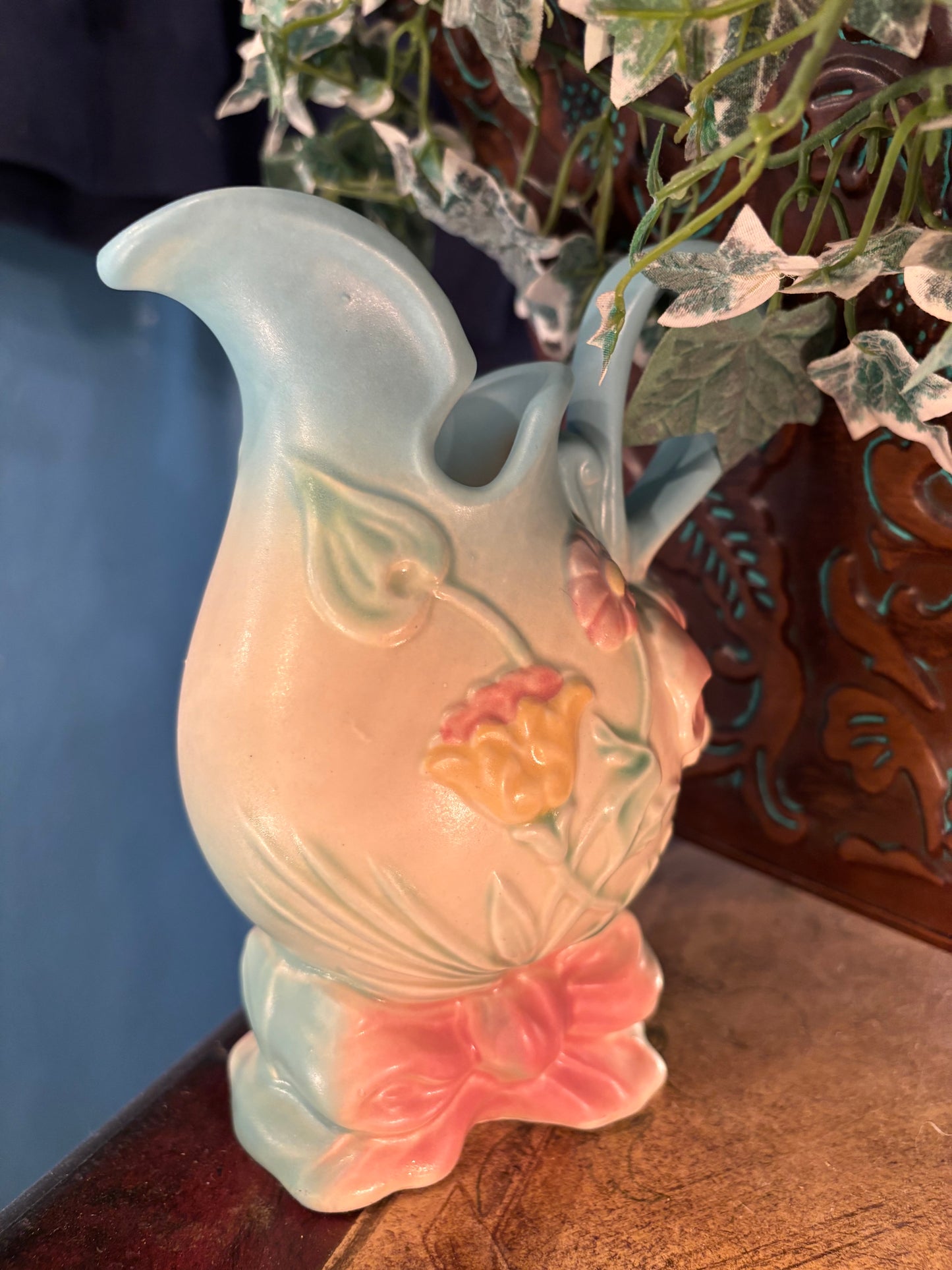 Vintage Pastel Floral Pitcher Vase – Ribbon Base & Embossed Flowers | 7” Tall