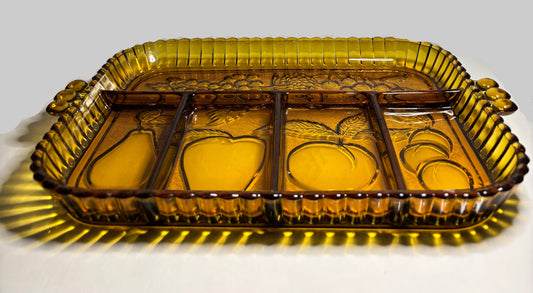 Vintage Amber Divided Glass Relish Tray – 12.5" Fruit Motif Serving Dish