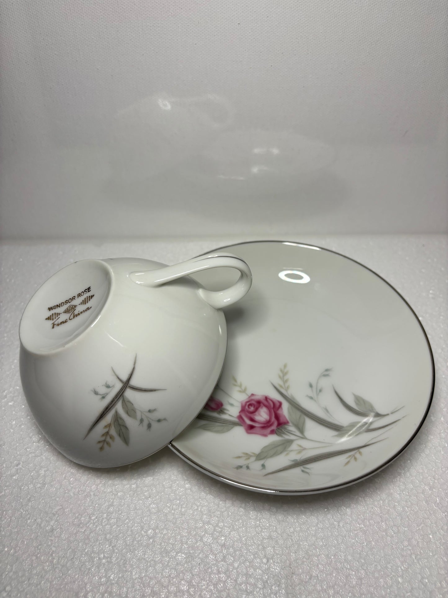 Windsor Rose Fine China Teacup & Saucer Set – Pink Rose with Silver Trim