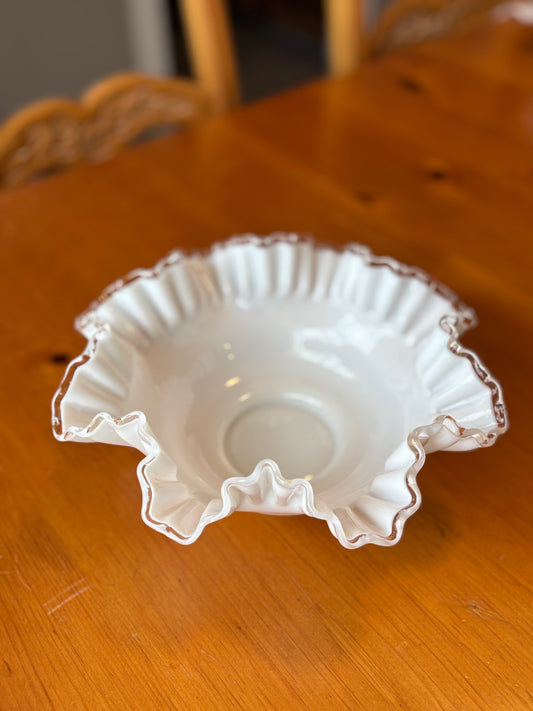 Vintage Fenton Milk Glass Ruffled Bowl – 11" Silver Crest Crimped Edge