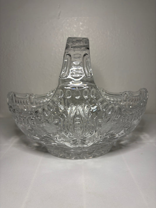 Vintage Pressed Glass Basket – Ornate Clear Glass Bowl with Handle – 9”