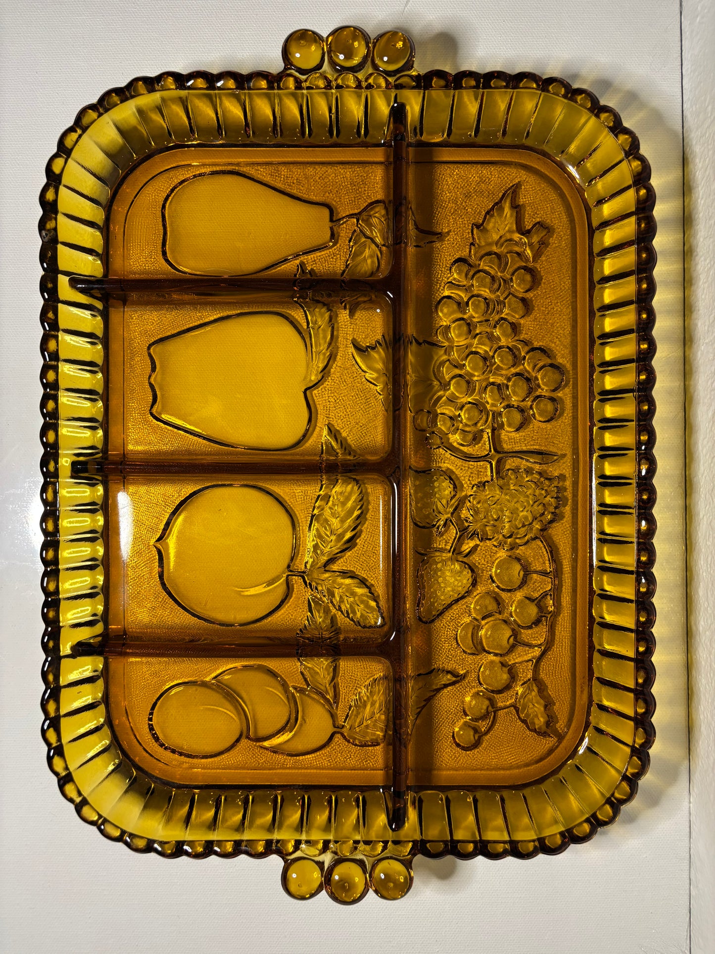 Vintage Amber Divided Glass Serving Tray – Fruit Motif | 13” x 9”