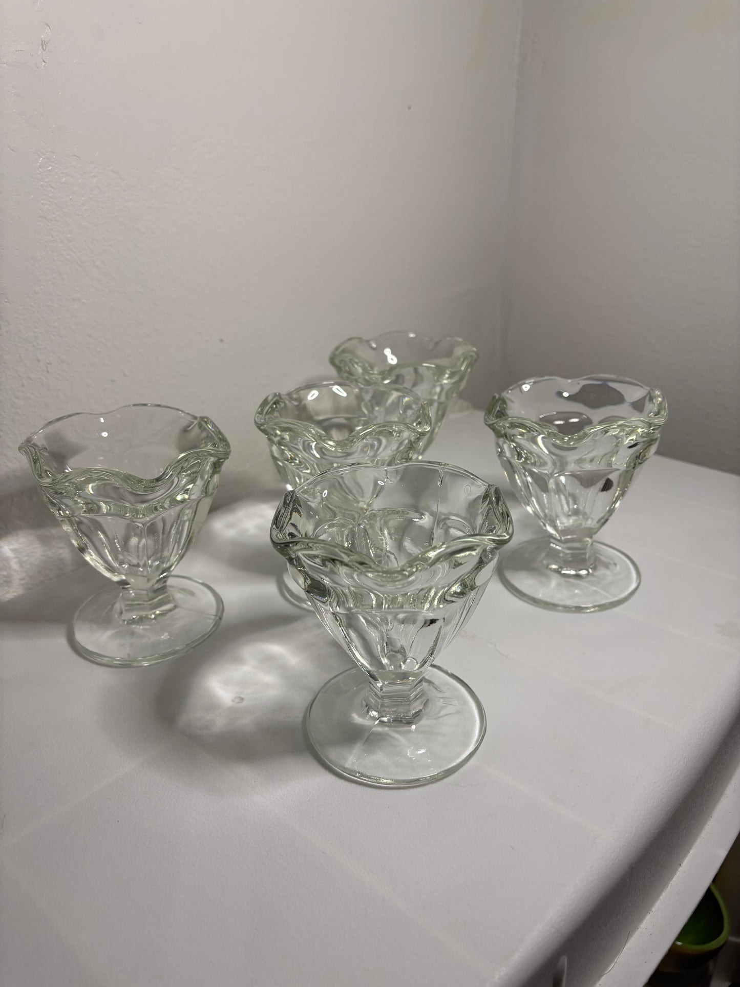 Set of 5 Vintage Pressed Glass Dessert Cups – Pedestal Ice Cream Bowls – 4” Tall