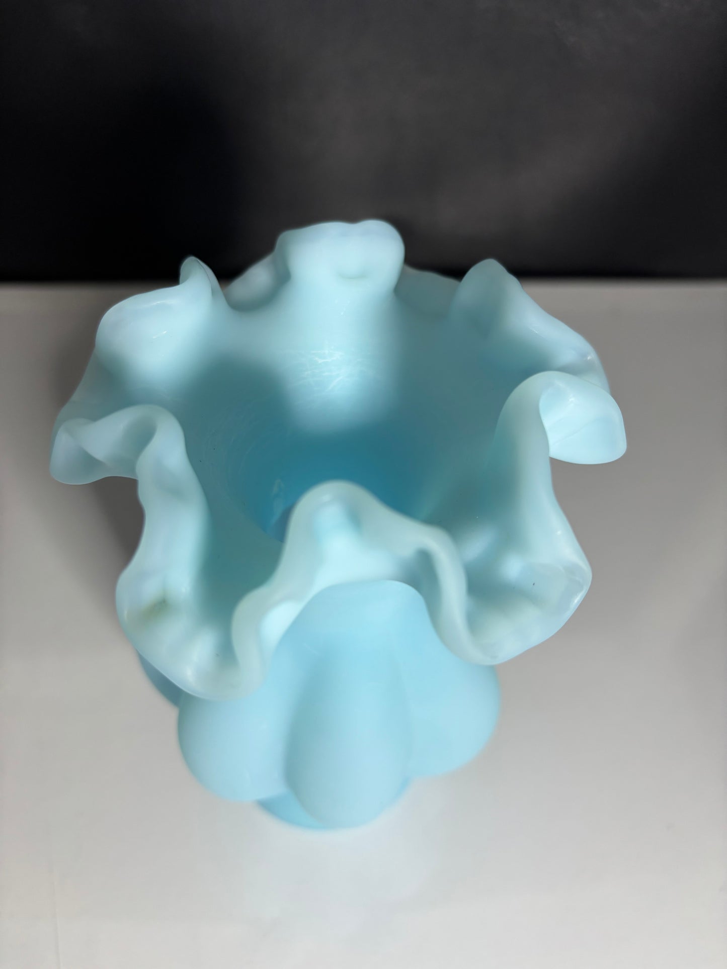 Vintage Fenton Style Blue Satin Glass Ruffled Vase – 6" Tall Melon Panel Design