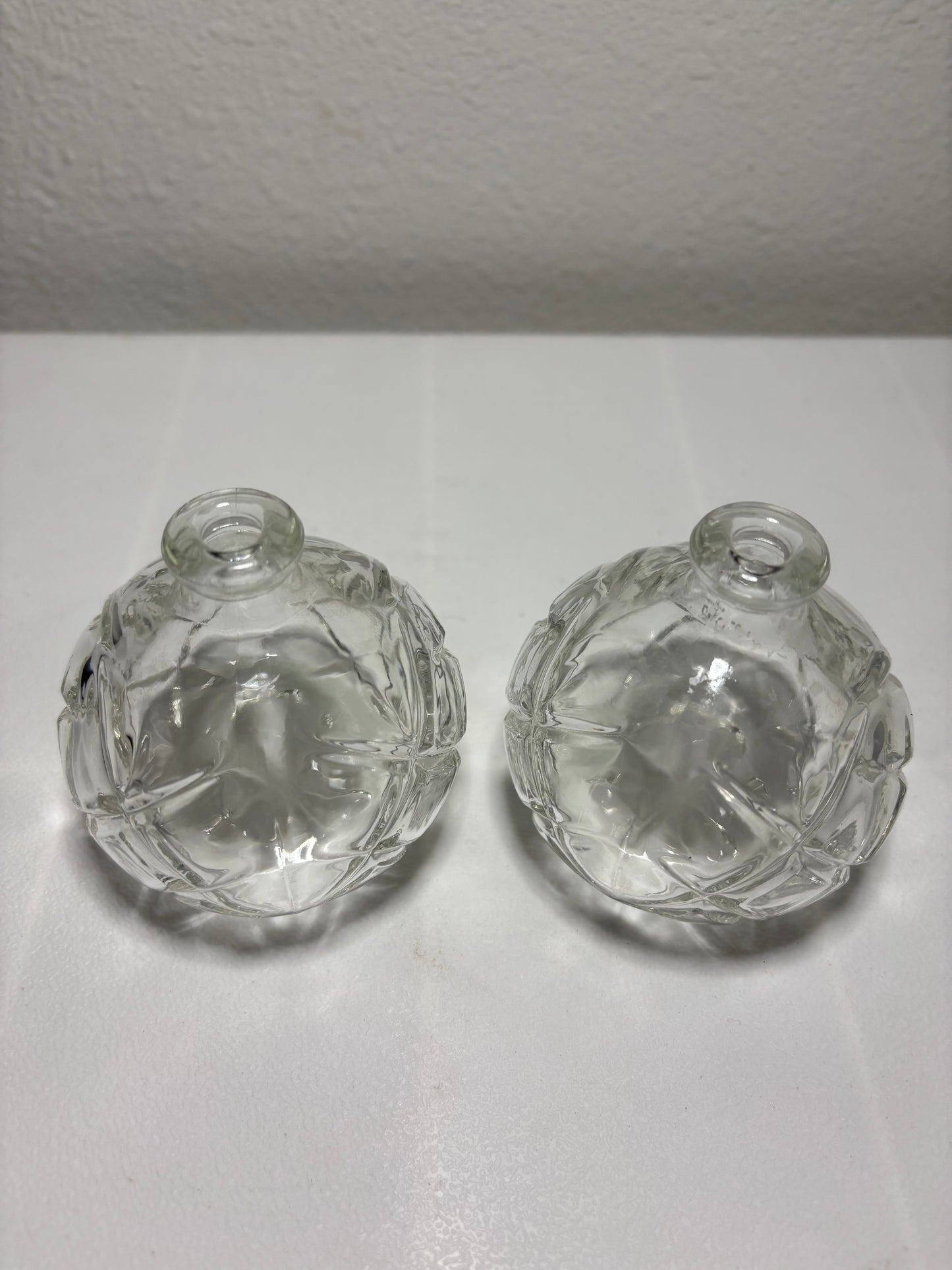 Vintage Mini Diamond-Cut Glass Bud Vases – Set of 2 – 3” Round