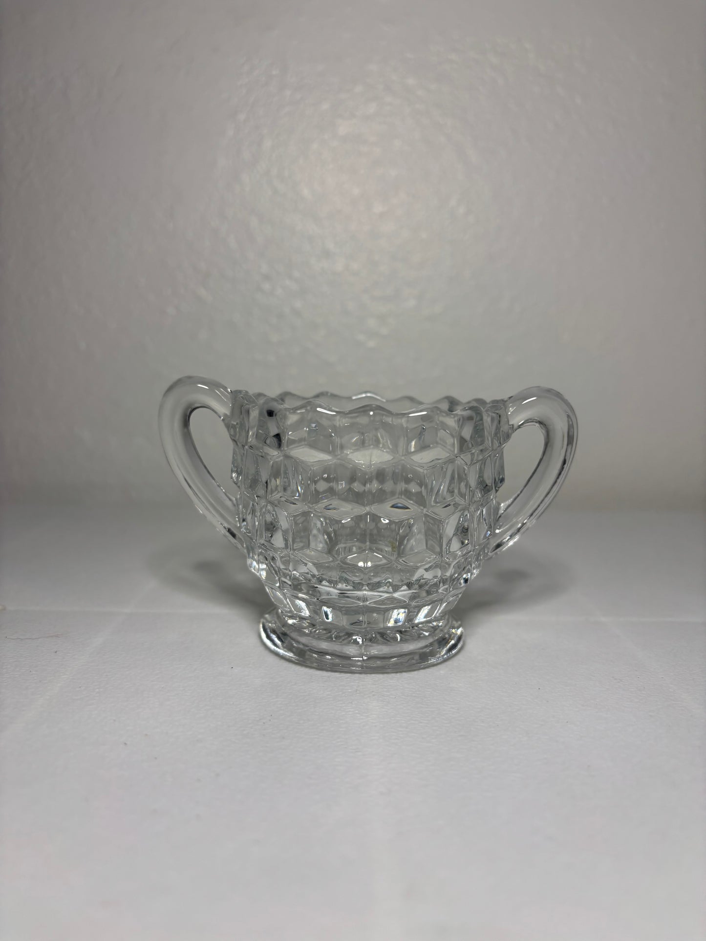 Vintage Clear Glass Sugar Bowl – Cubist Pattern with Dual Handles