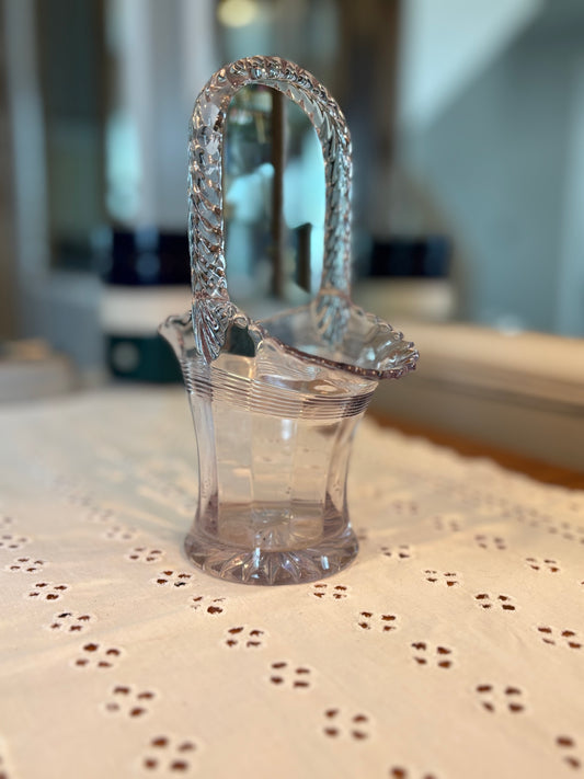 Vintage Pink Depression Glass Basket – Etched Floral & Woven Handle Design  *