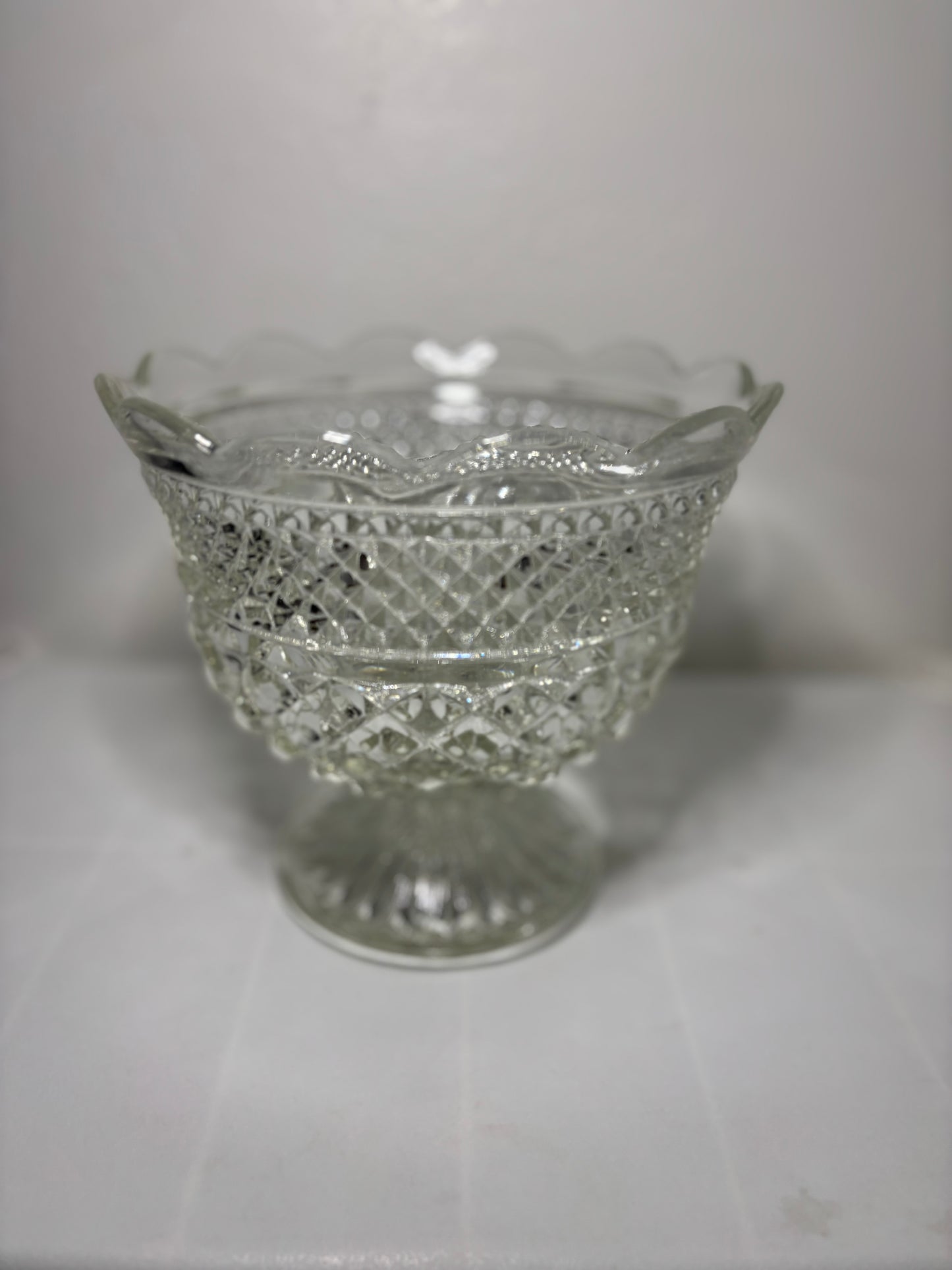 Large Vintage Pressed Glass Compote – Diamond & Crosshatch Pedestal Bowl (8”)