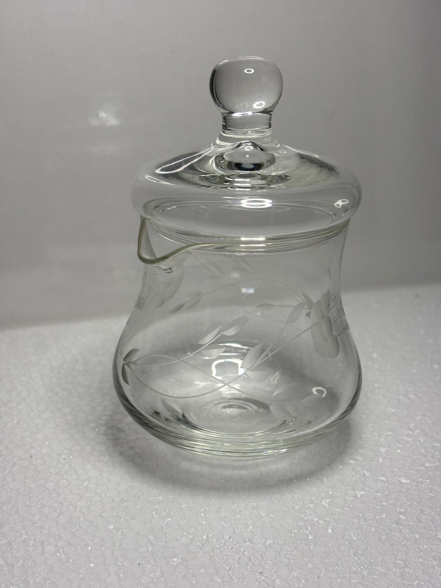 Vintage Etched Glass Condiment Jar with Lid – 4" Tall