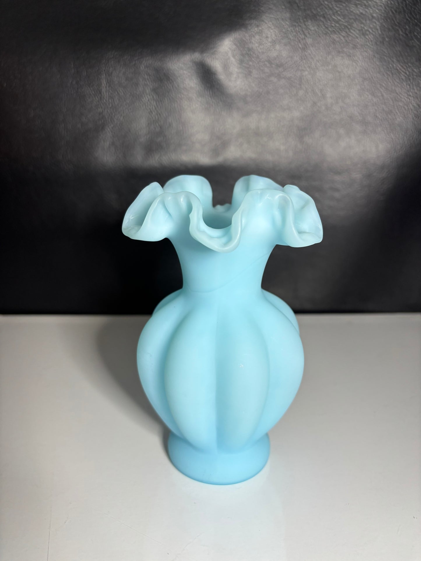 Vintage Fenton Style Blue Satin Glass Ruffled Vase – 6" Tall Melon Panel Design