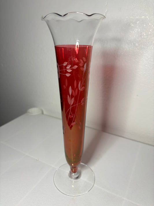 Vintage Etched Glass Bud Vase – Fluted Rim – 10" Tall