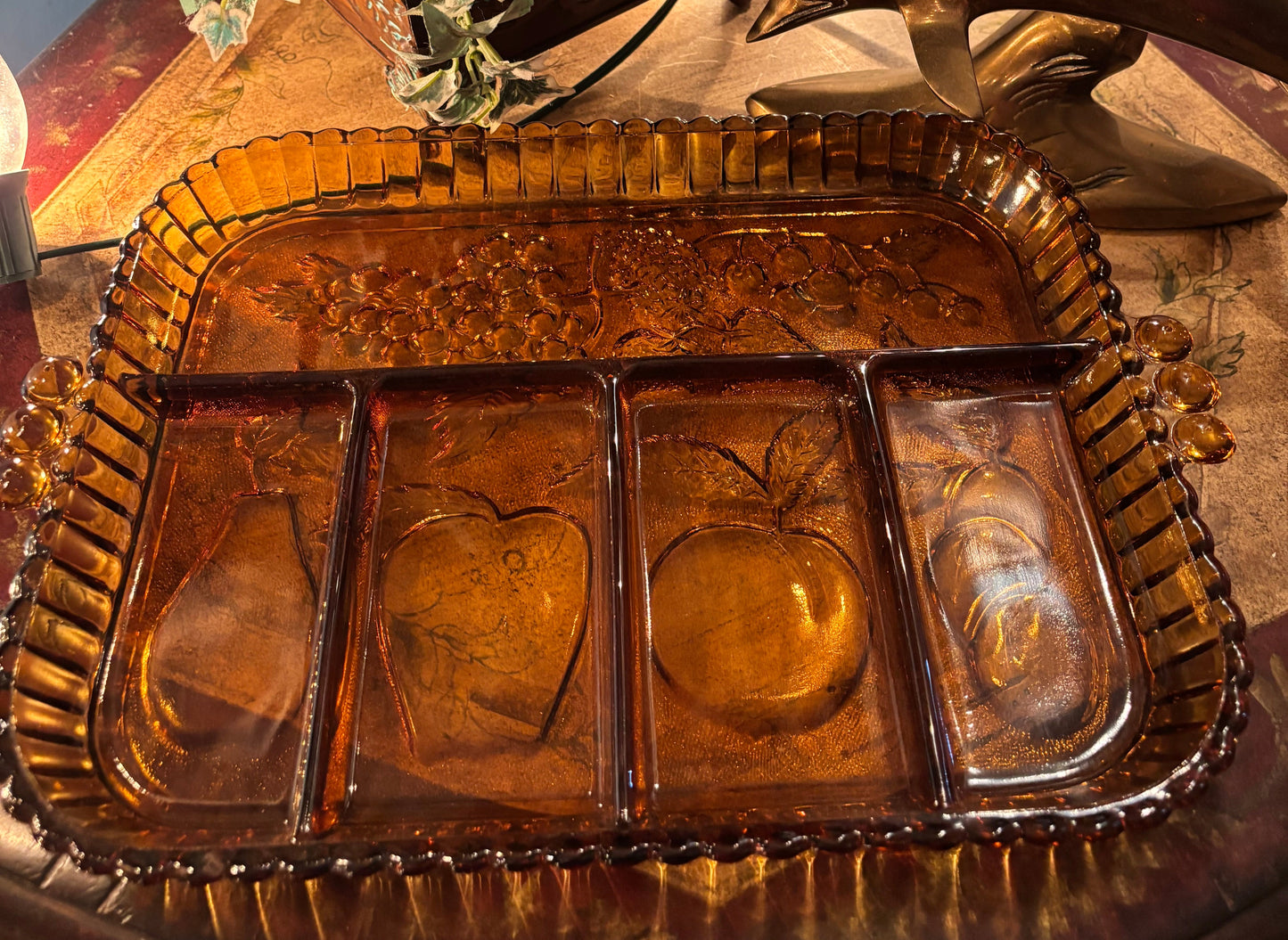 Vintage Amber Divided Glass Serving Tray – Fruit Motif | 13” x 9”