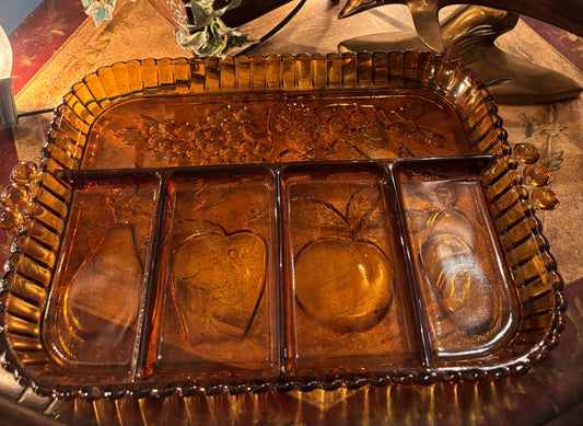 Vintage Amber Divided Glass Serving Tray – Fruit Motif | 13” x 9”