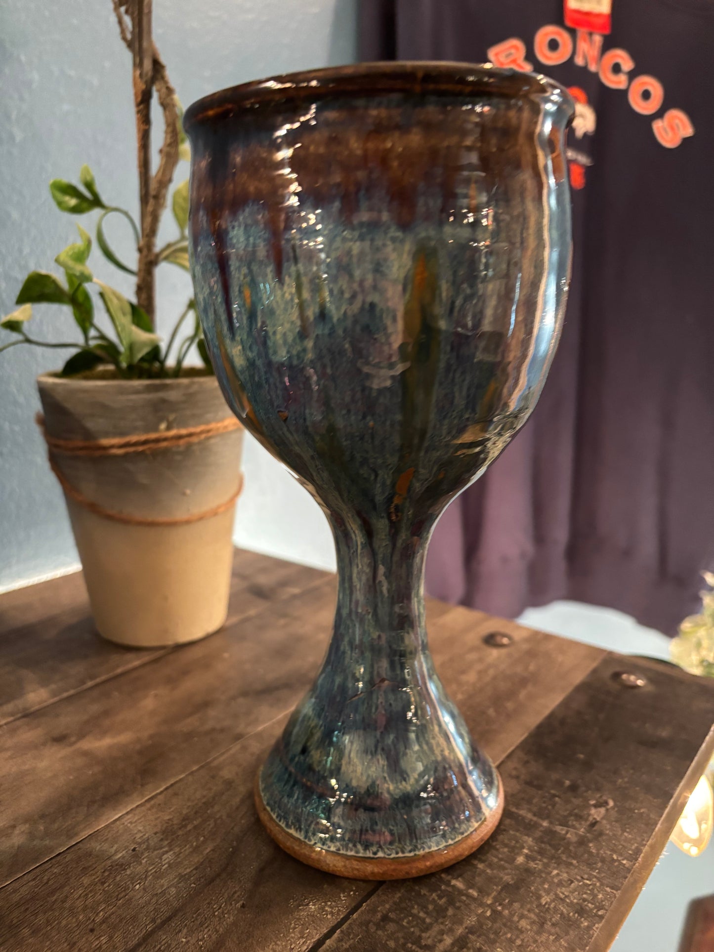Handmade Studio Pottery Chalice – Iridescent Blue Glaze | 8.5” Tall