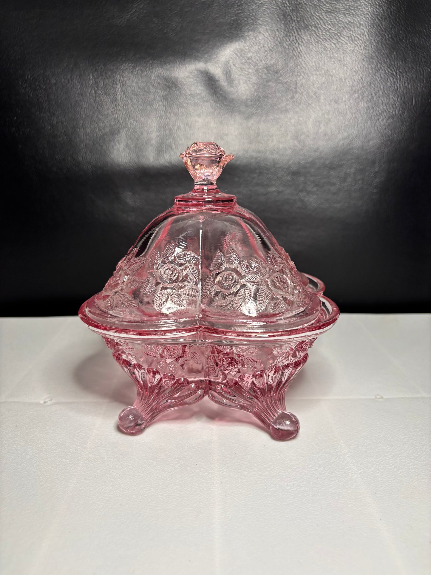 Vintage Footed Rose Pattern Candy Dish – Pink Depression Glass, 3-Section w/ Lid