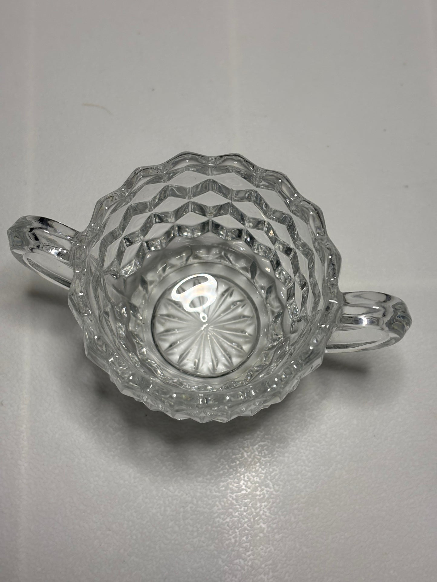 Vintage Clear Glass Sugar Bowl – Cubist Pattern with Dual Handles