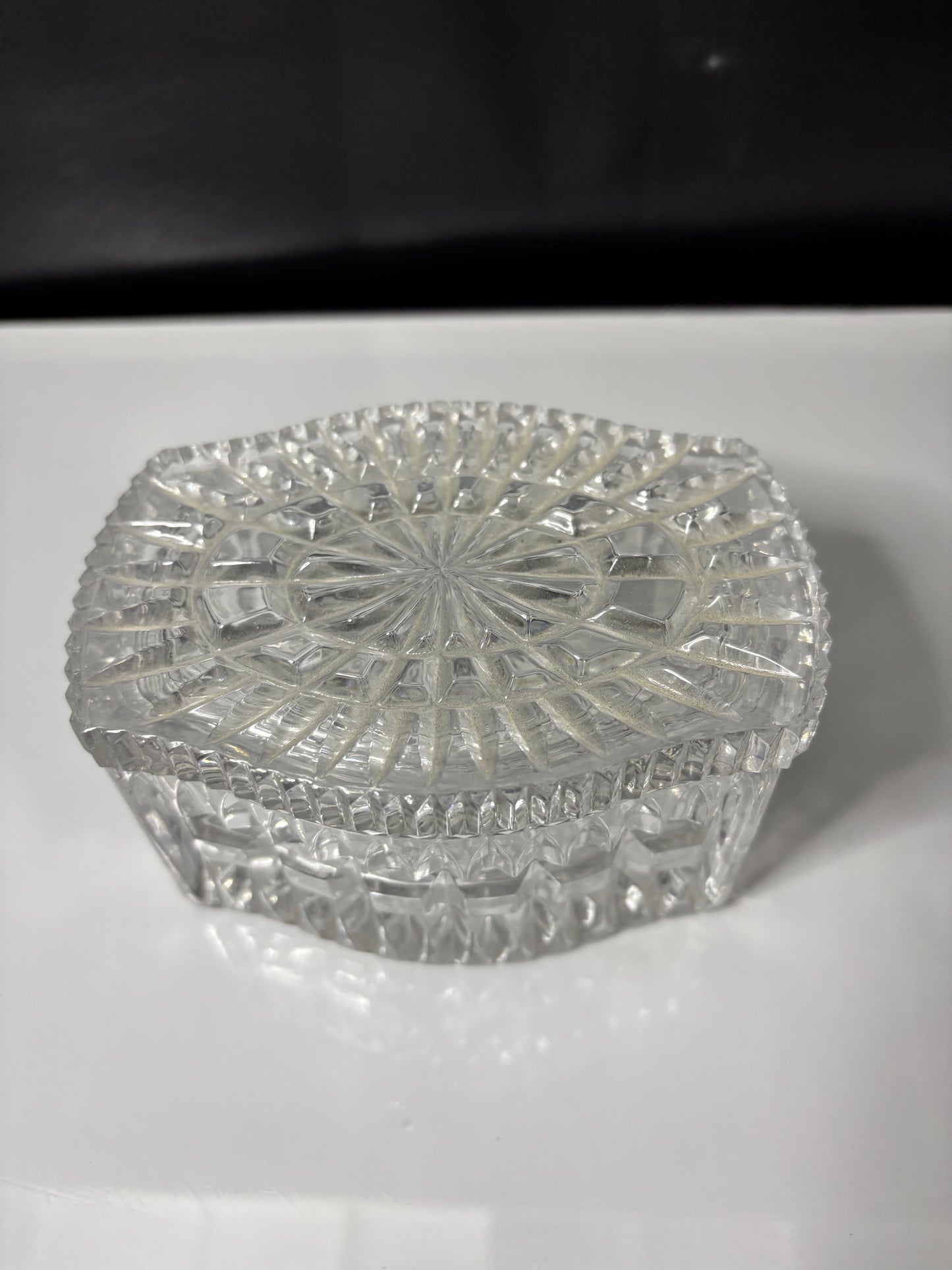 Vintage Pressed Glass Trinket Box with Starburst Lid – 4" x 3" x 2.5"