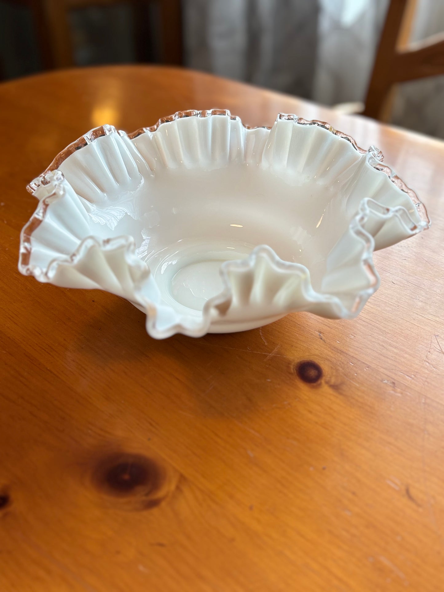 Vintage Fenton Milk Glass Ruffled Bowl – 11" Silver Crest Crimped Edge