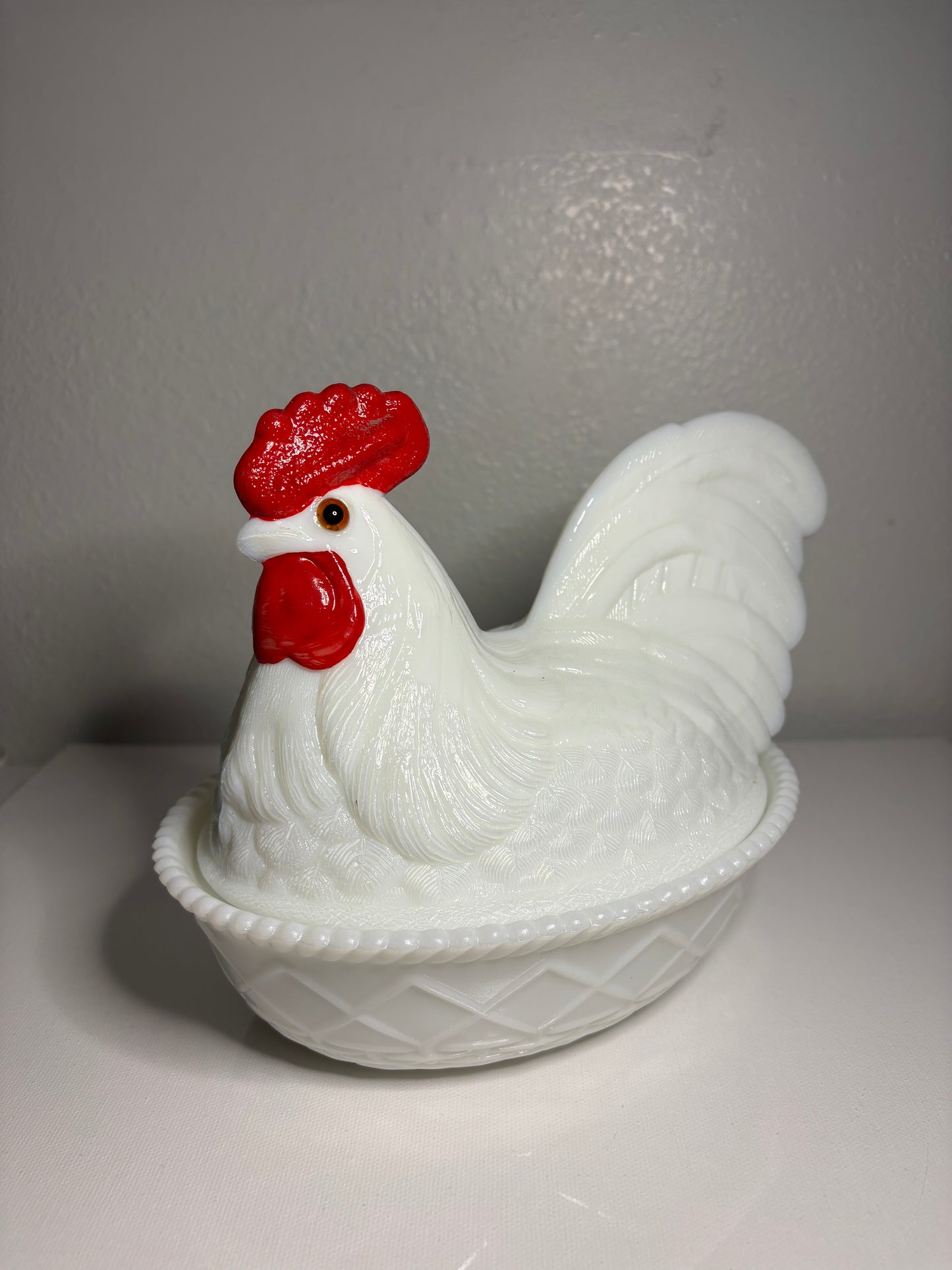 Vintage Milk Glass Hen on Nest Dish – 9" Collectible Candy Bowl with Red Comb
