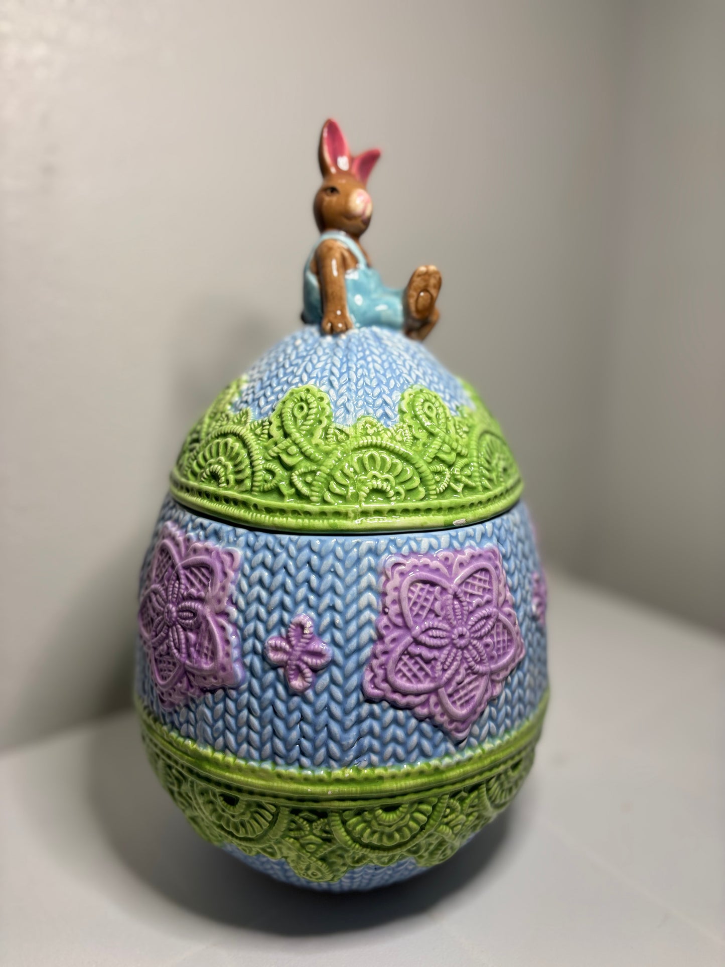 Whimsical Bunny on Knit-Patterned Egg – Spring Easter Décor – 11.5” Tall