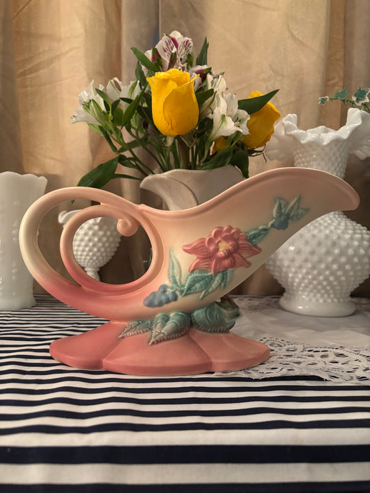 Vintage Pink Floral Cornucopia Vase – 11.5” Long Roseville Style Ceramic