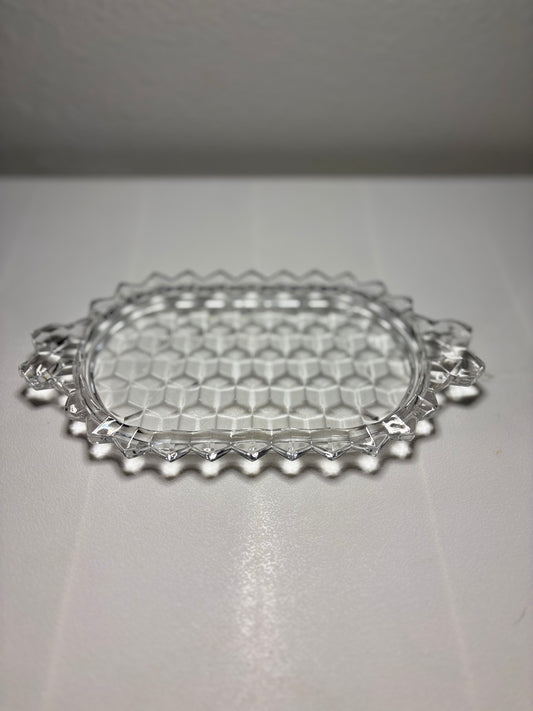Vintage Oval Glass Relish Tray – Honeycomb Pattern with Scalloped Edge (8”)