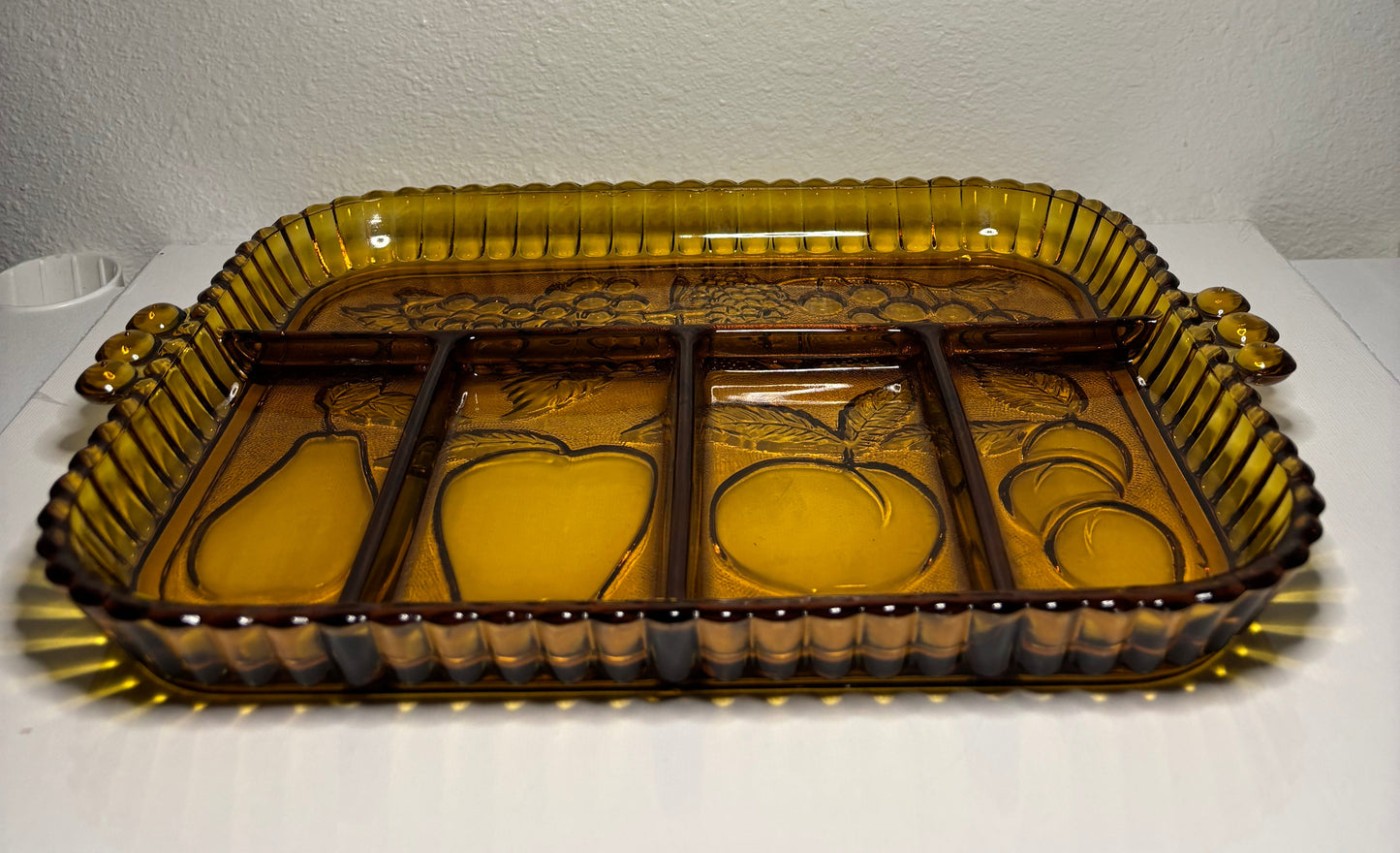 Vintage Amber Divided Glass Serving Tray – Fruit Motif | 13” x 9”