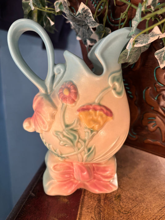 Vintage Pastel Floral Pitcher Vase – Ribbon Base & Embossed Flowers | 7” Tall