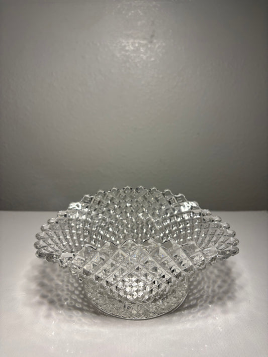 Vintage Clear Glass Diamond-Point Ruffled Bowl – 7" Wide