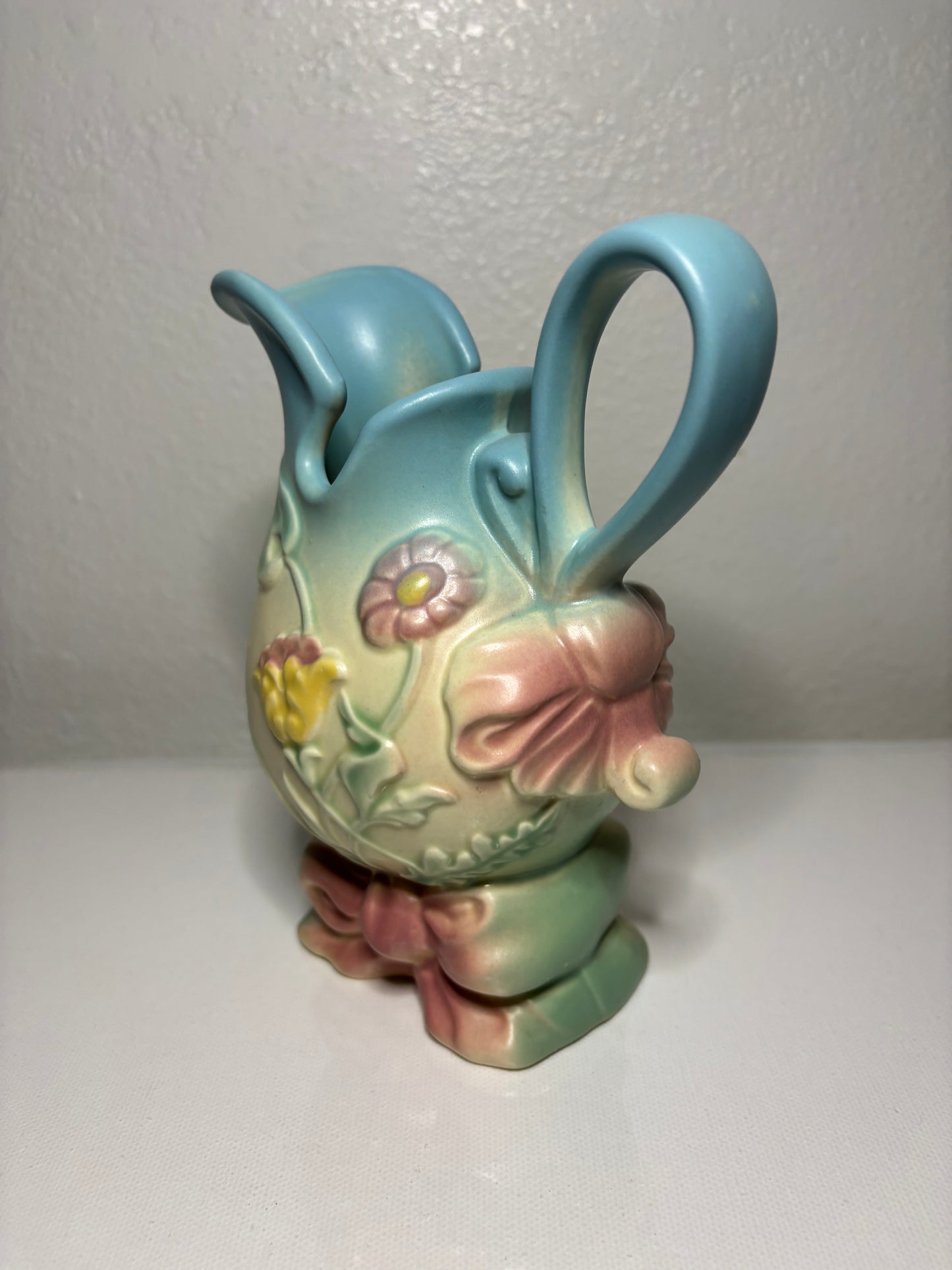 Vintage Pastel Floral Pitcher Vase – Ribbon Base & Embossed Flowers | 7” Tall
