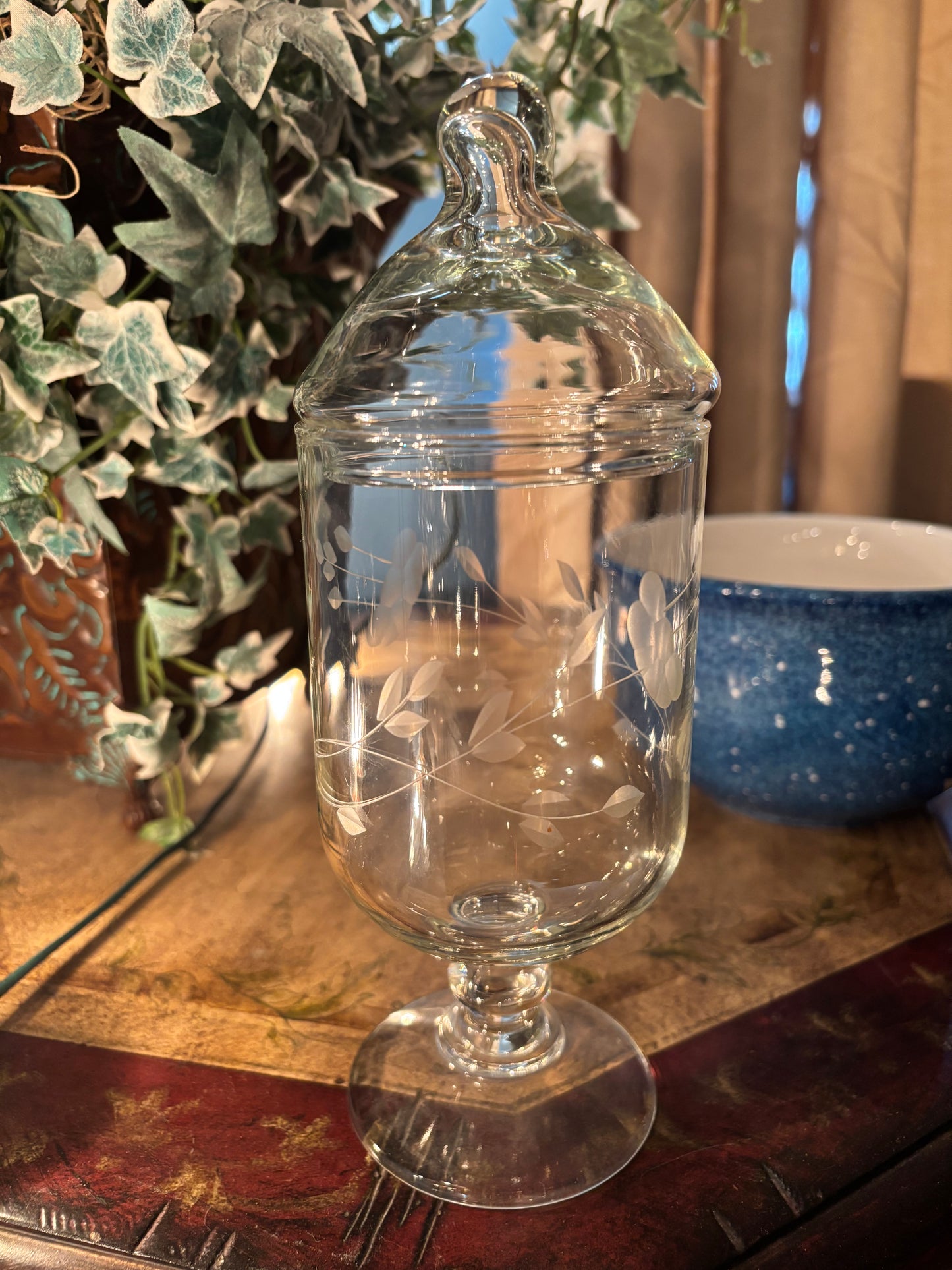 Etched Glass Apothecary Jar with Lid – Dragonfly Motif | 8.5” Tall