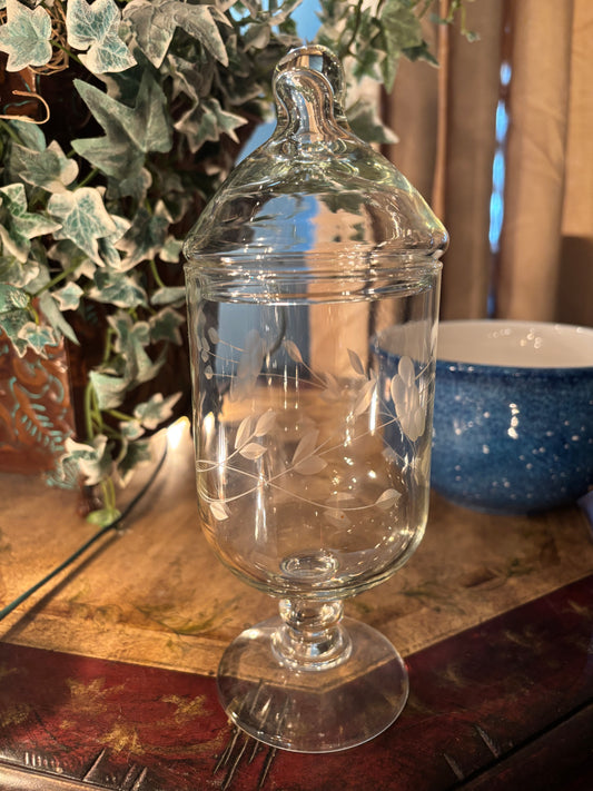 Etched Glass Apothecary Jar with Lid – Dragonfly Motif | 8.5” Tall