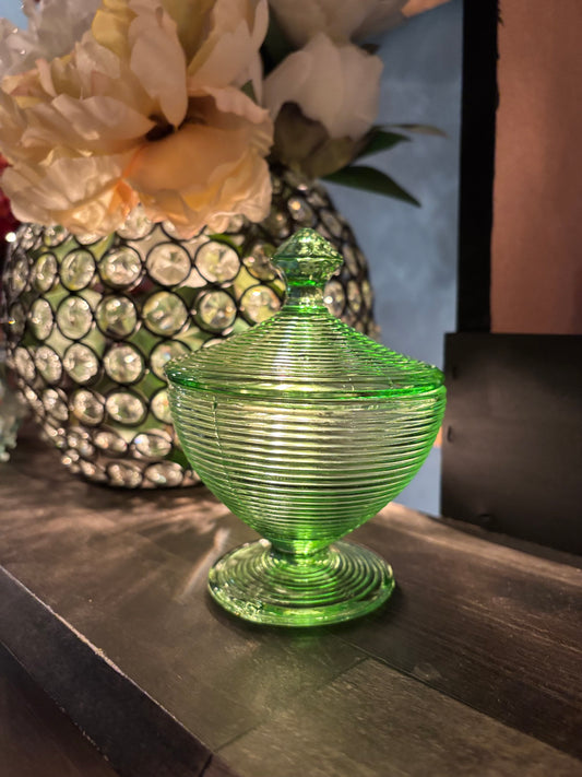 Vintage Green Ribbed Glass Candy Dish with Lid – 5" Tall