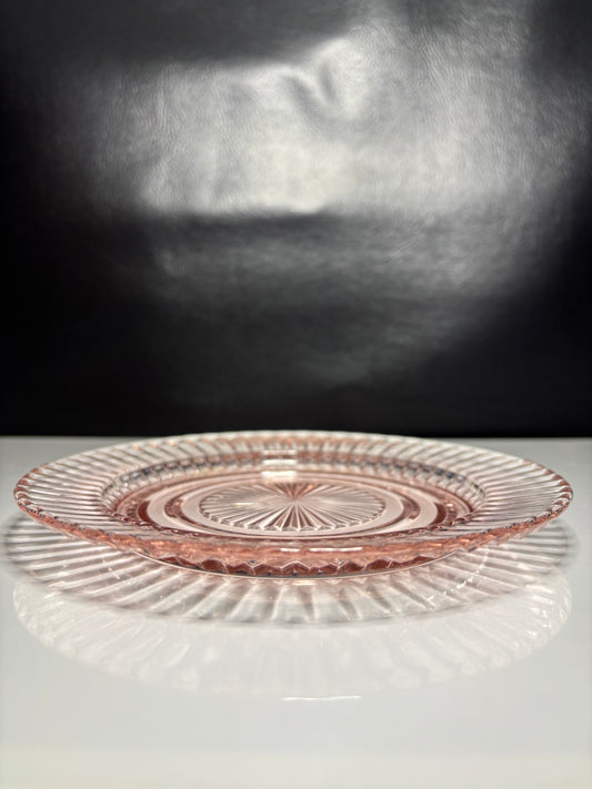 Vintage Pink Depression Glass Ribbed Dinner Plate – Art Deco Sunburst Design *