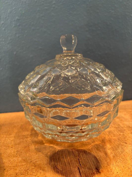 Vintage Lidded Pressed Glass Candy Dish – 6” Tall – Diamond Pattern