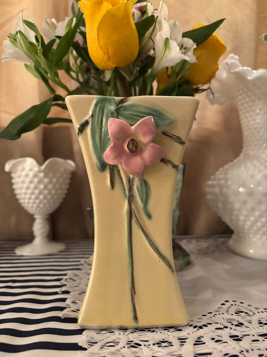 Vintage Floral Embossed Matte Yellow Vase – 6.5” Tall, Roseville Style