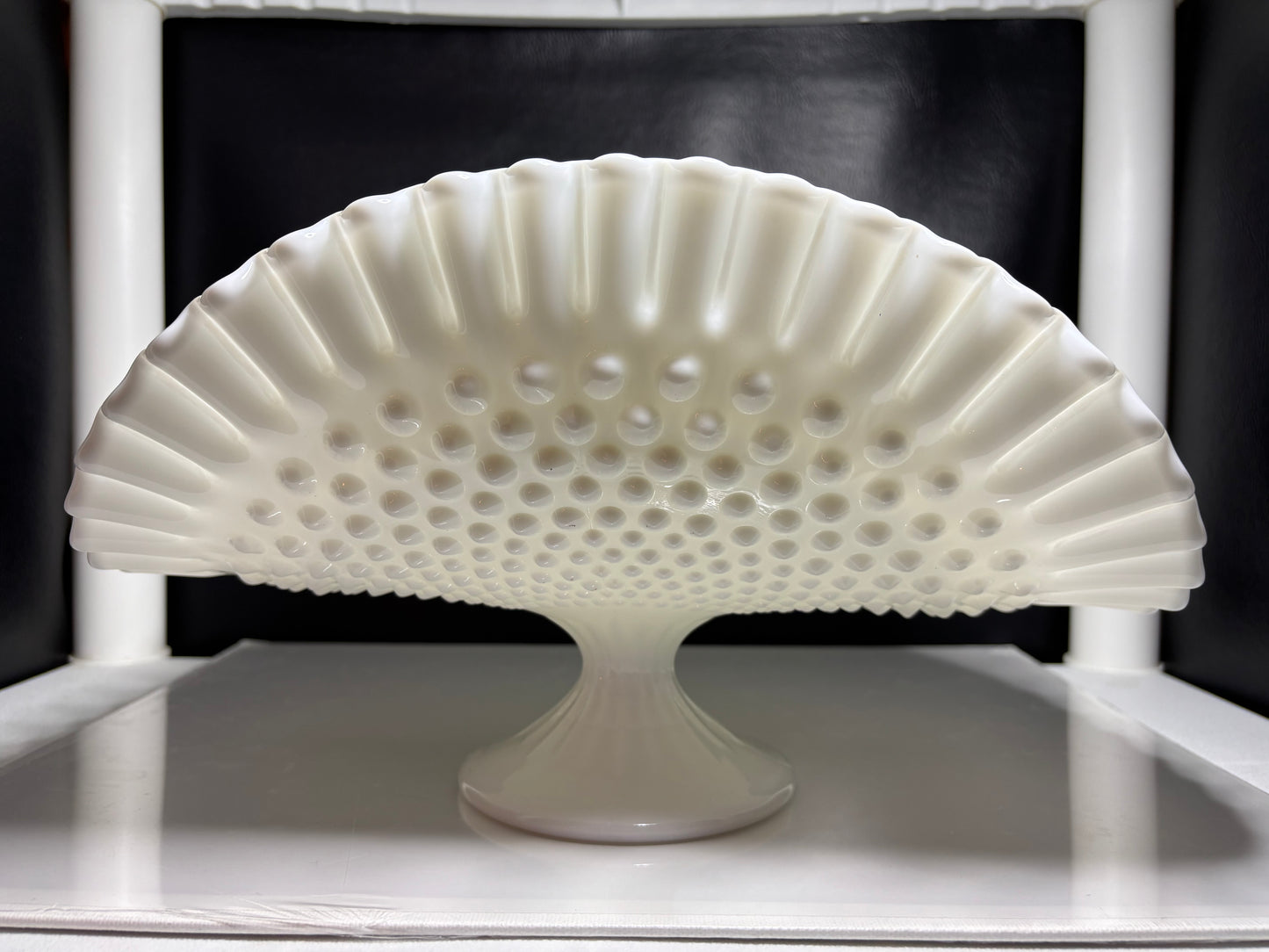 Vintage Fenton Style Milk Glass Hobnail Fan Vase – 13” Wide