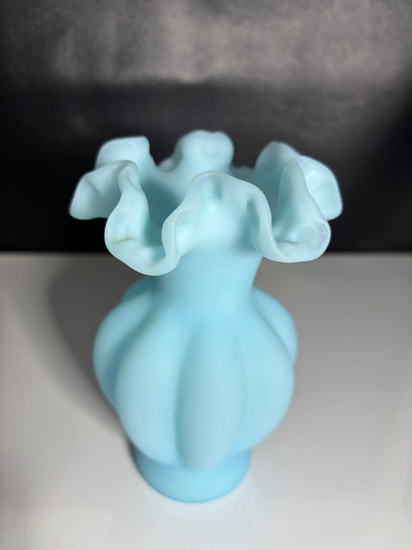 Vintage Fenton Style Blue Satin Glass Ruffled Vase – 6" Tall Melon Panel Design
