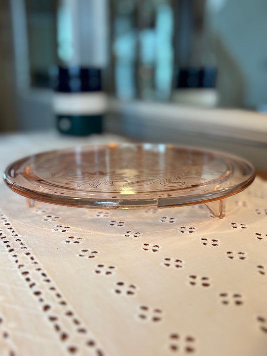 Vintage Pink Depression Glass Footed Cake Plate – Etched Floral Design *