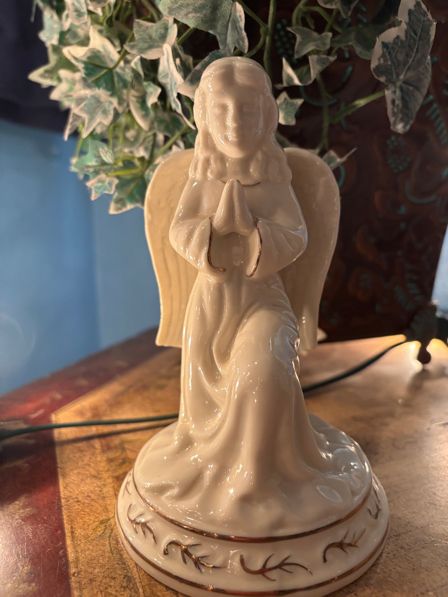 Vintage Porcelain Kneeling Angel Figurine – Ivory with Hand-Painted Accents | 7” Tall
