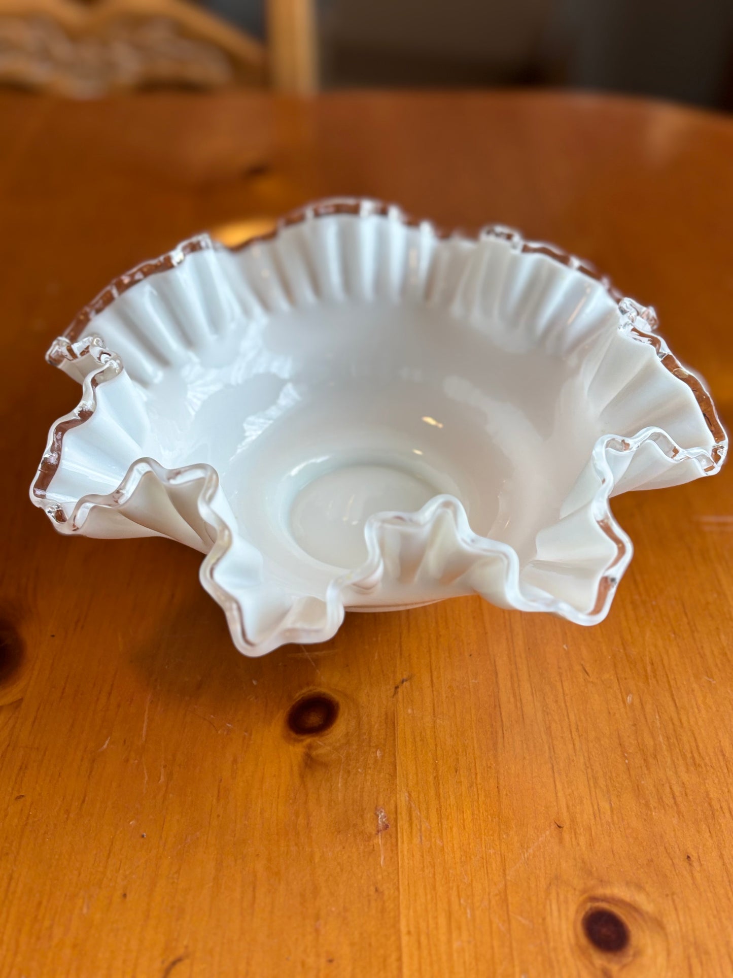 Vintage Fenton Milk Glass Ruffled Bowl – 11" Silver Crest Crimped Edge