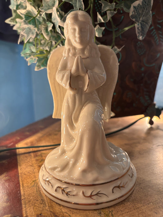 Vintage Porcelain Kneeling Angel Figurine – Ivory with Hand-Painted Accents | 7” Tall