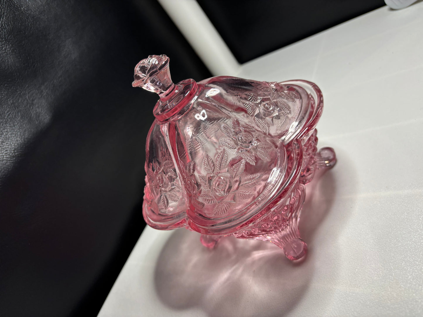 Vintage Footed Rose Pattern Candy Dish – Pink Depression Glass, 3-Section w/ Lid