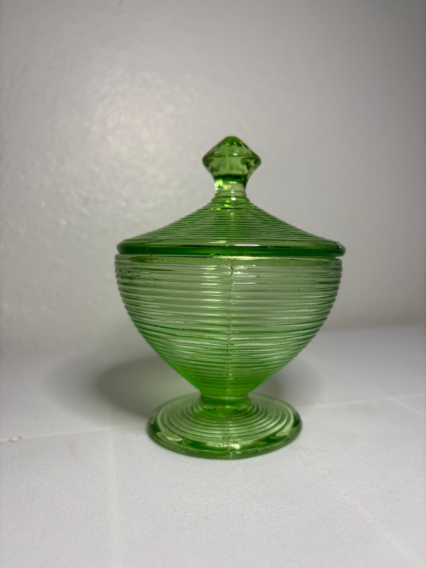 Vintage Green Ribbed Glass Candy Dish with Lid – 5" Tall