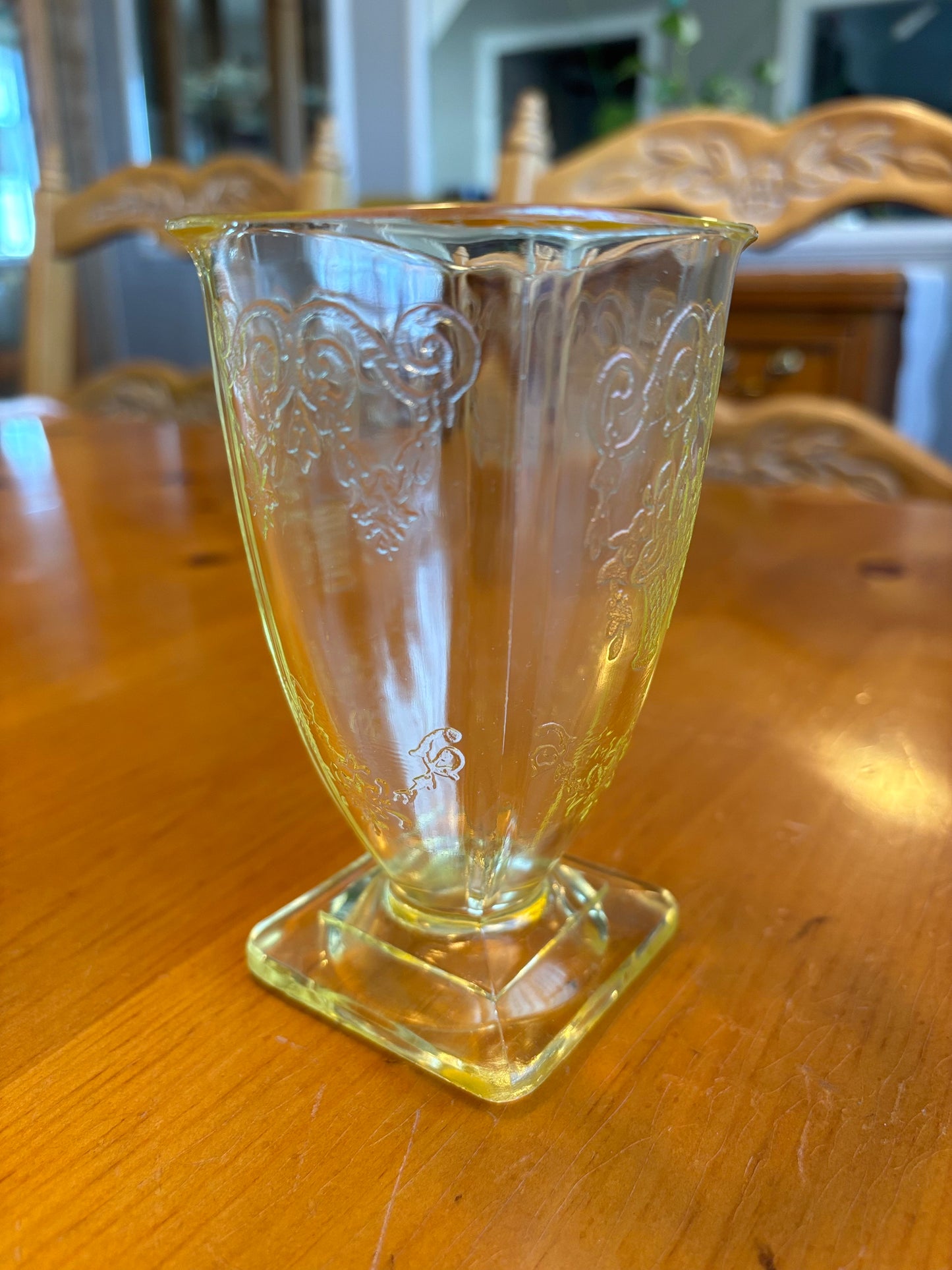 Vintage Lemon Yellow Depression Glass Vase – Etched Floral Design