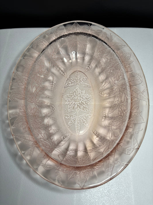 Vintage Pink Depression Glass Oval Serving Bowl – Etched Floral, 9" x 7"