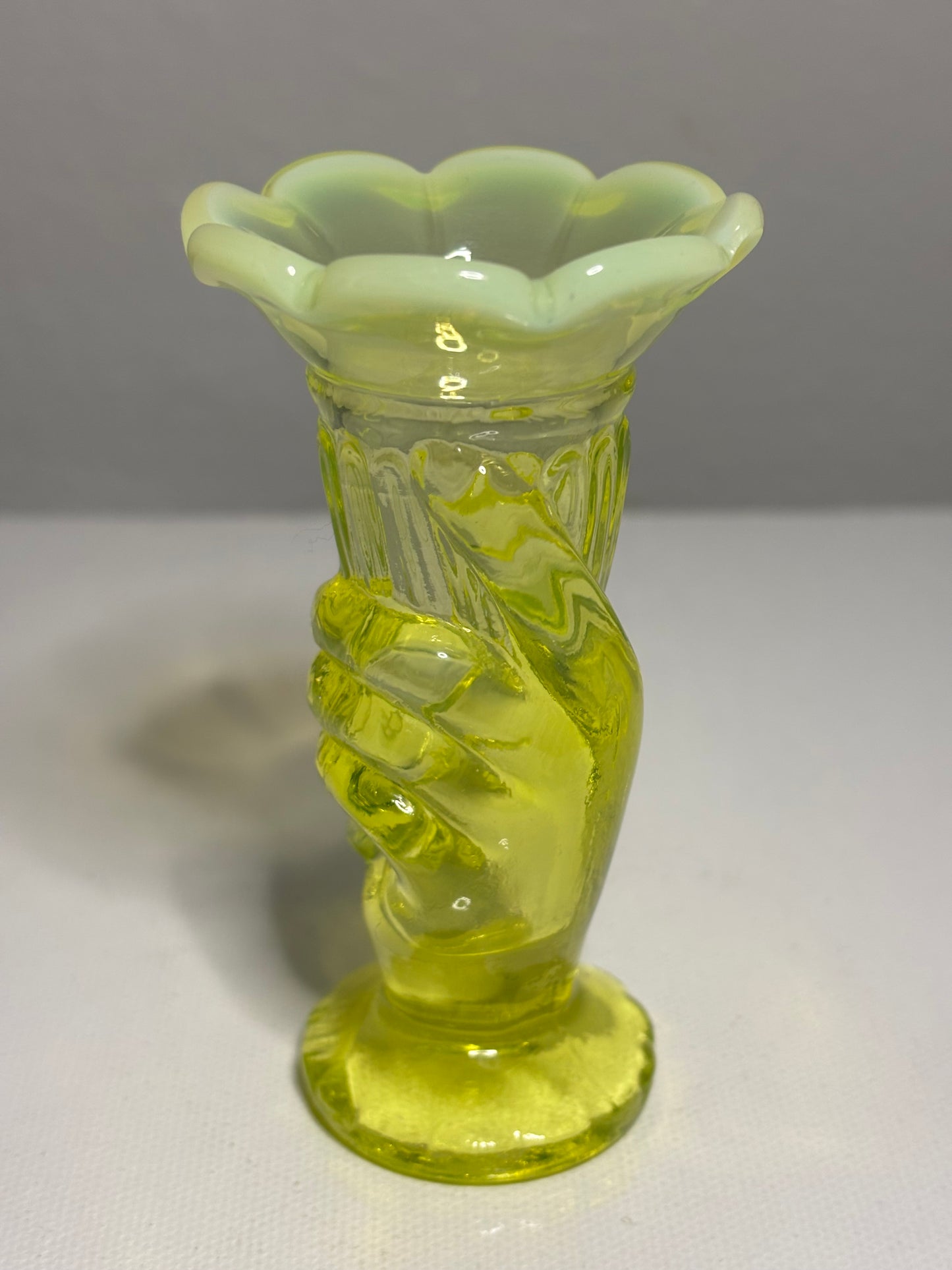 Vintage Vaseline Glass Hand Vase – 4" Tall with Opalescent Rim