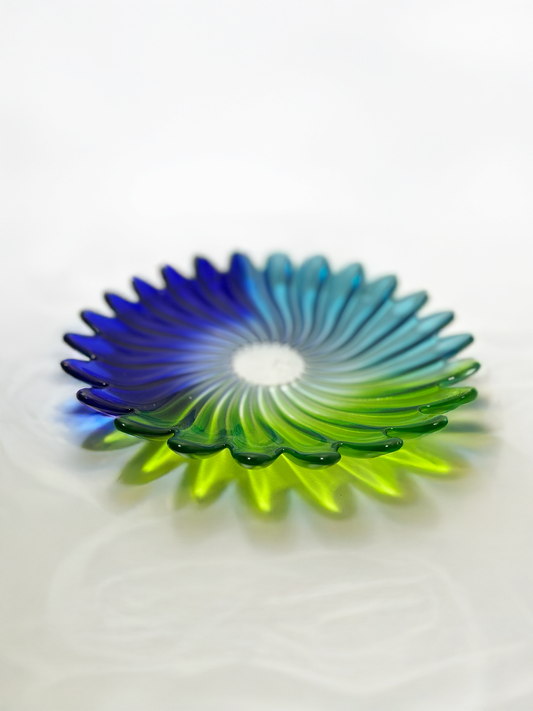 Hand-Blown Art Glass Plate – Blue & Green Swirl Sunburst Dish