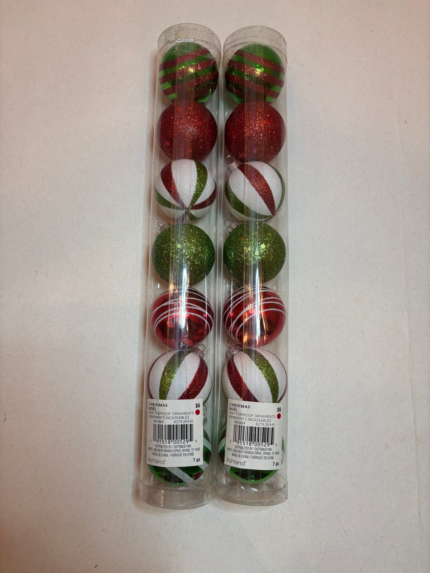 Holiday Decoration Ornaments 7 pack Green, White, Red, Glitter